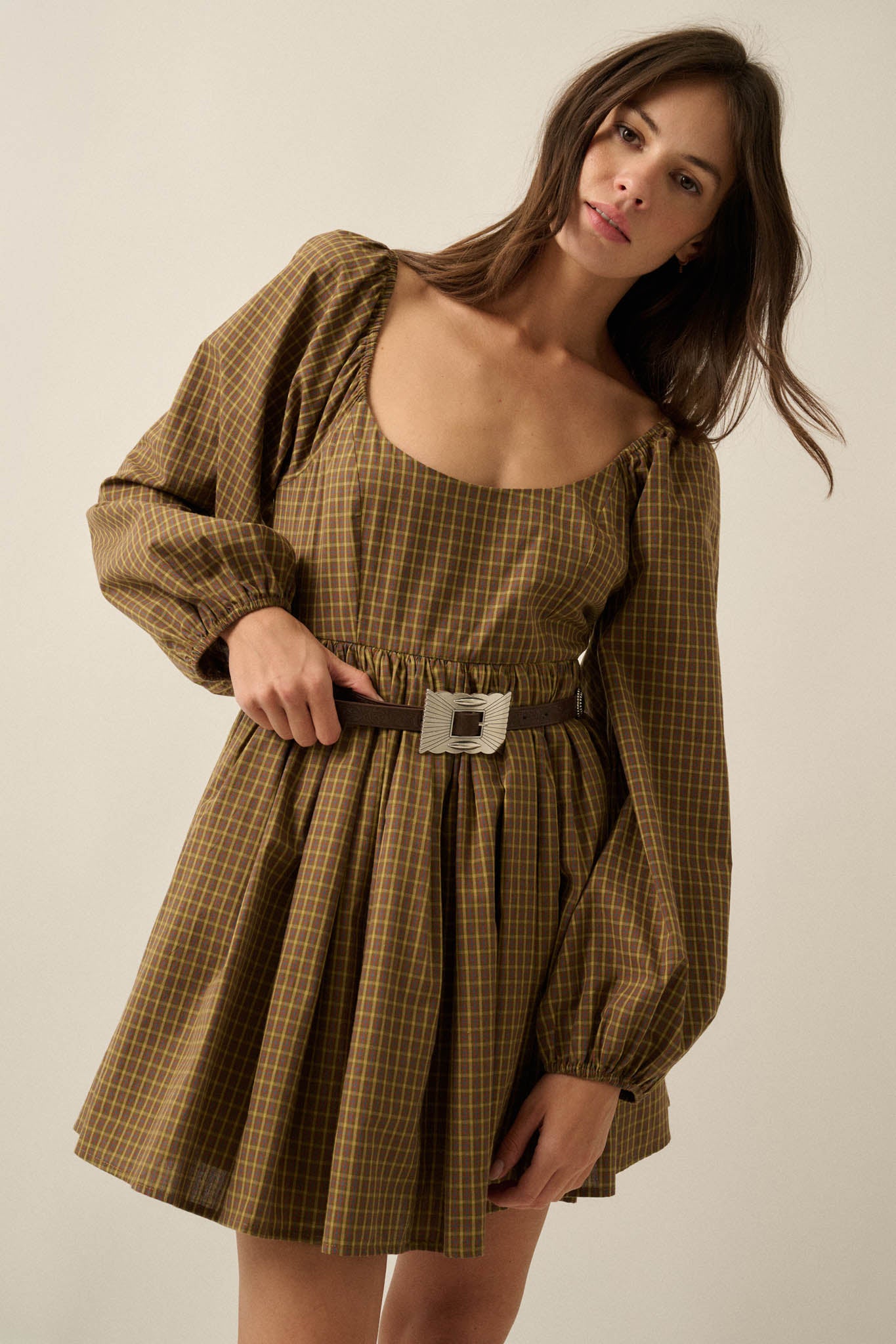 Better World Plaid Balloon-Sleeve Babydoll Mini Dress - ShopPromesa