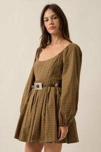 Better World Plaid Balloon-Sleeve Babydoll Mini Dress - ShopPromesa