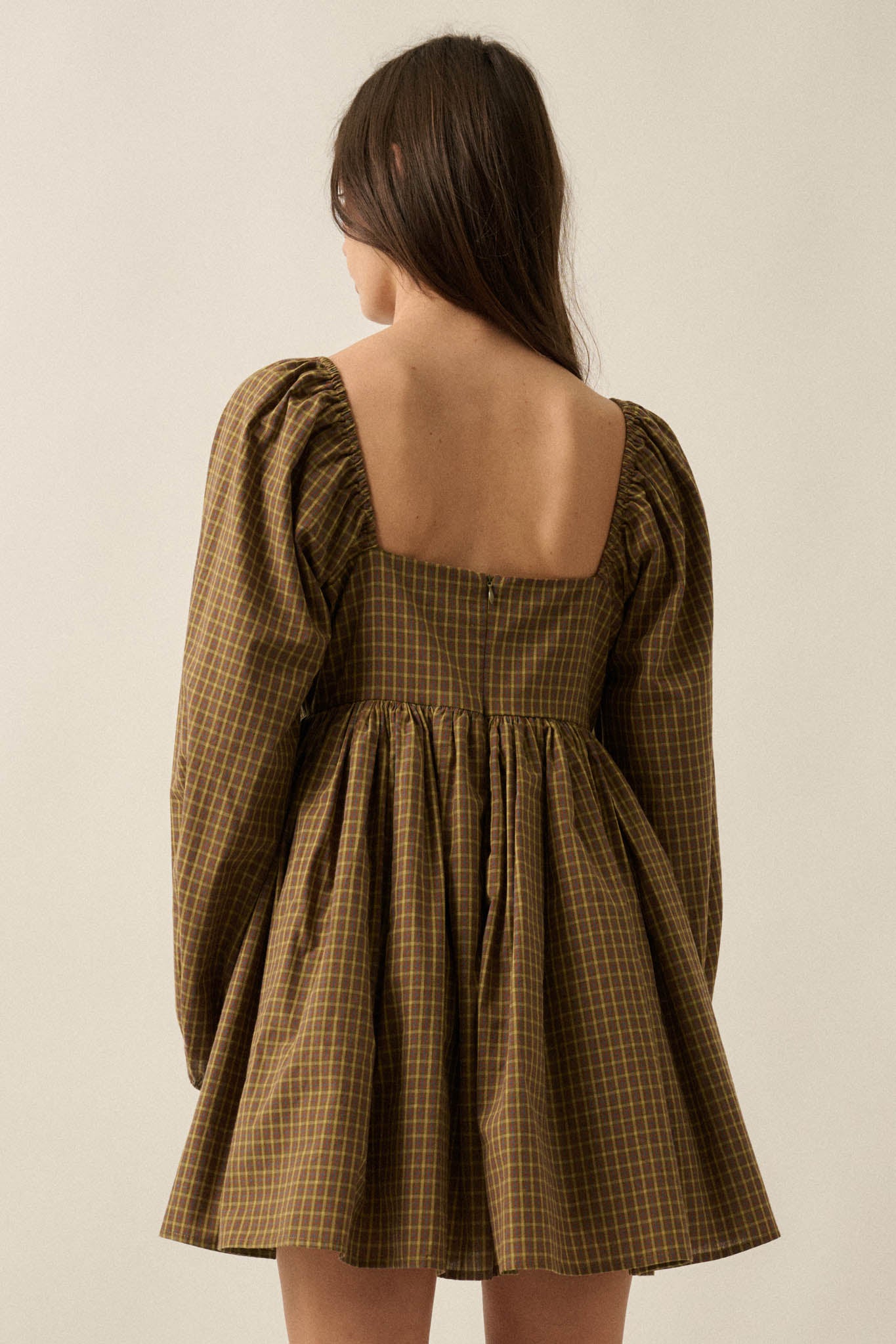 Better World Plaid Balloon-Sleeve Babydoll Mini Dress - ShopPromesa