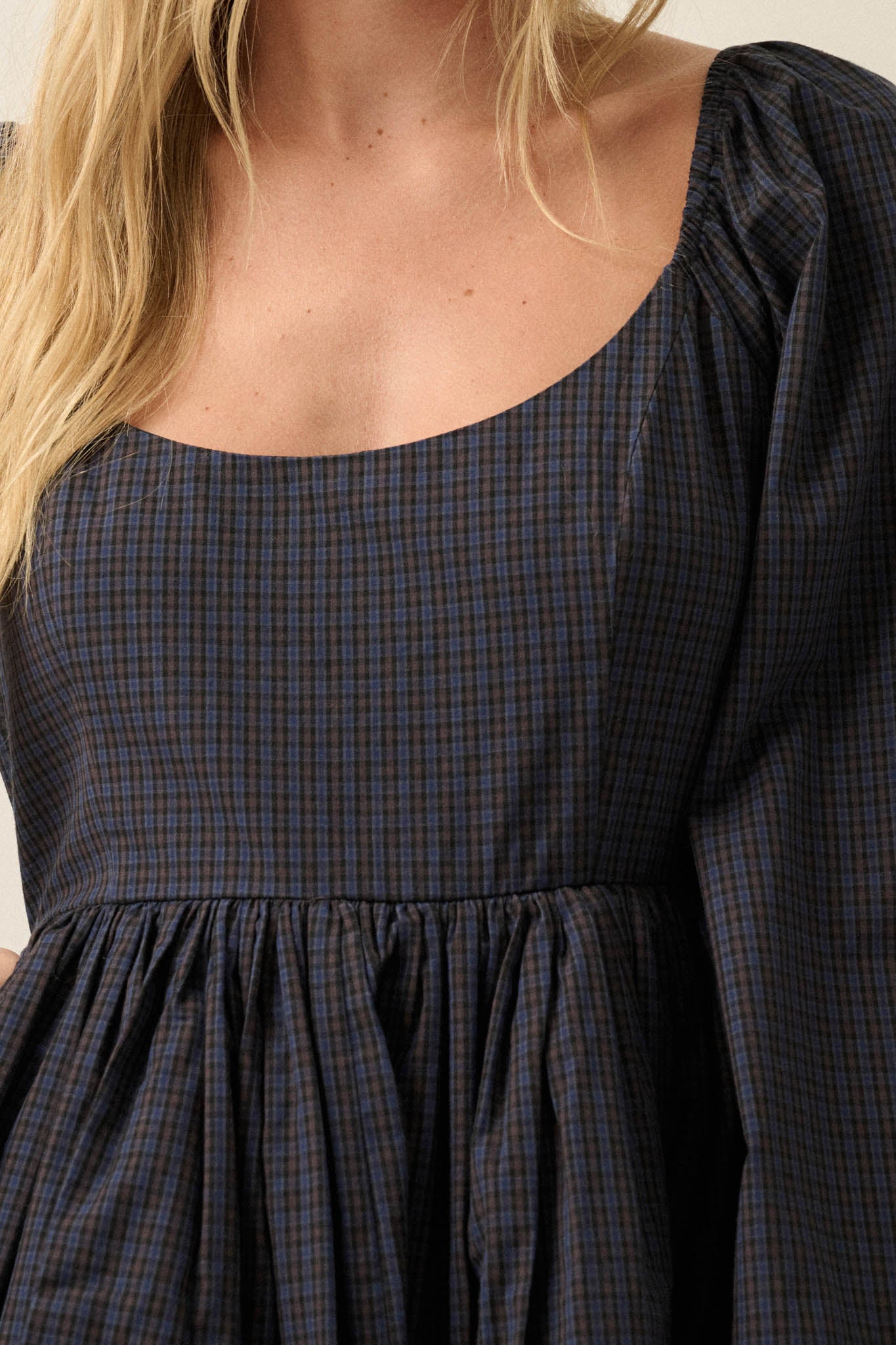 Better World Plaid Balloon-Sleeve Babydoll Mini Dress - ShopPromesa