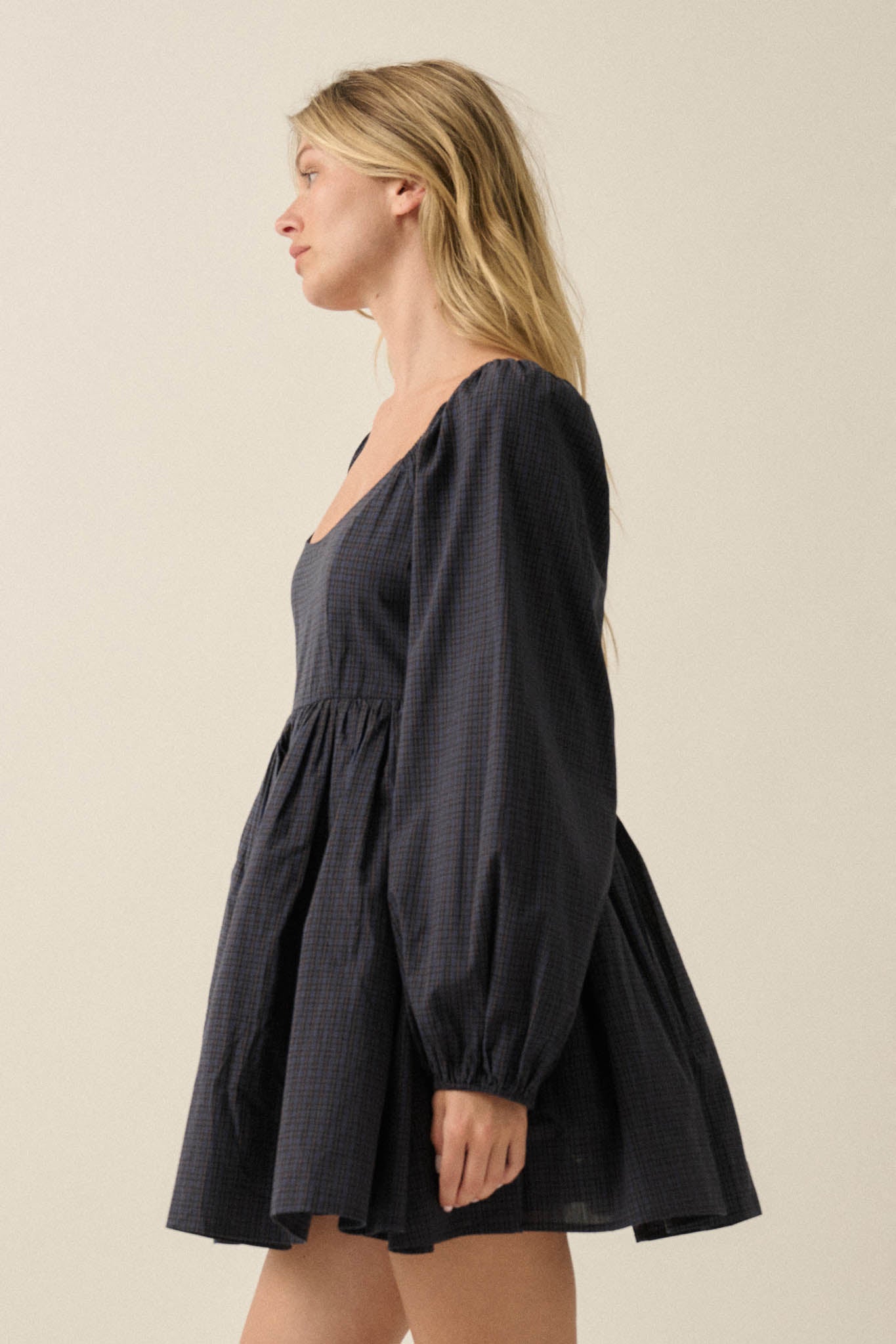Better World Plaid Balloon-Sleeve Babydoll Mini Dress - ShopPromesa
