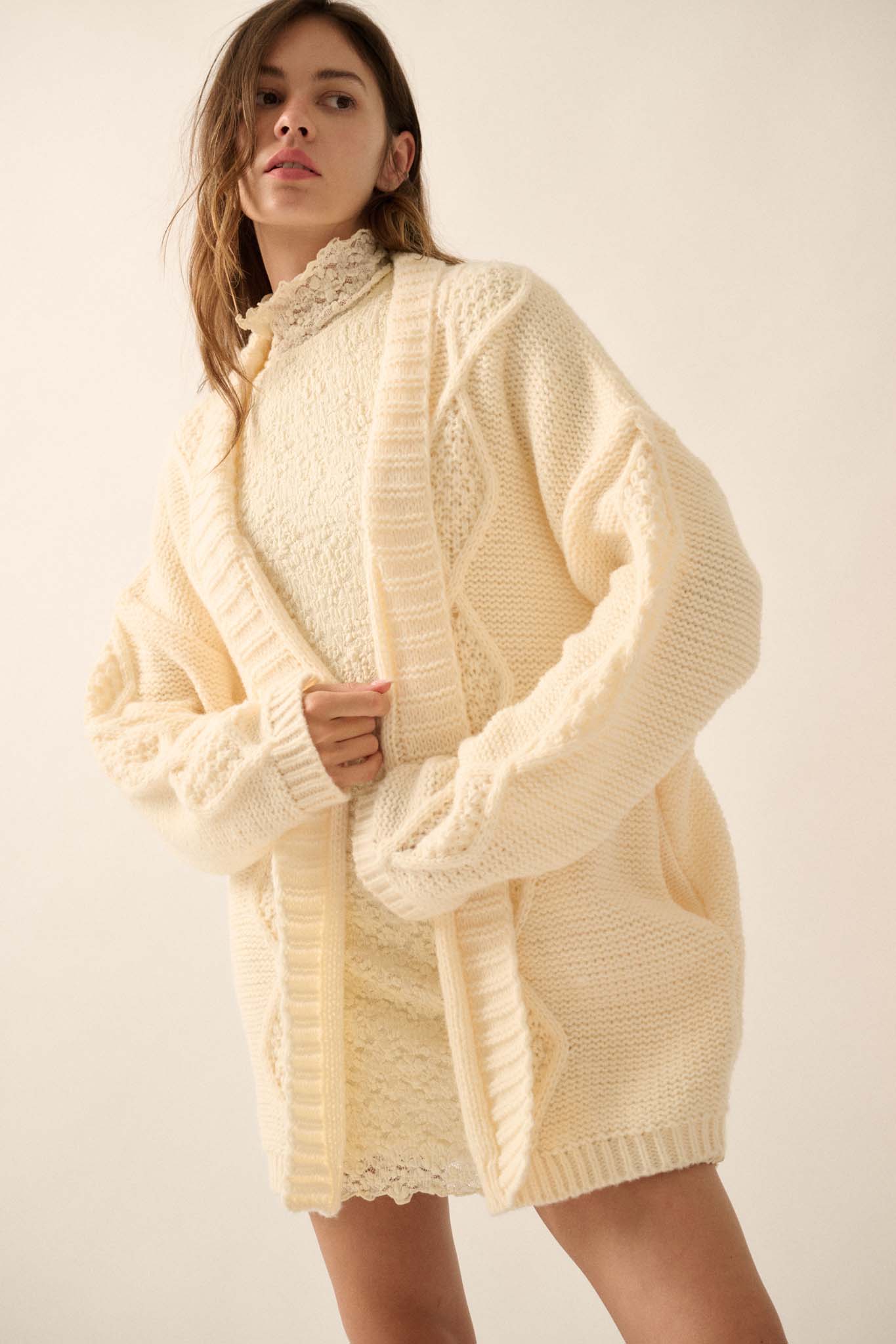 Diamond Hill Open-Front Cable Knit Pocket Cardigan - ShopPromesa