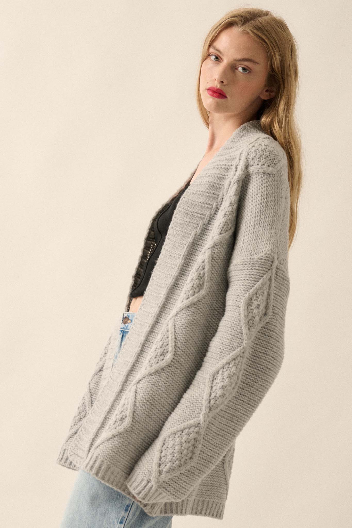 Diamond Hill Open-Front Cable Knit Pocket Cardigan - ShopPromesa