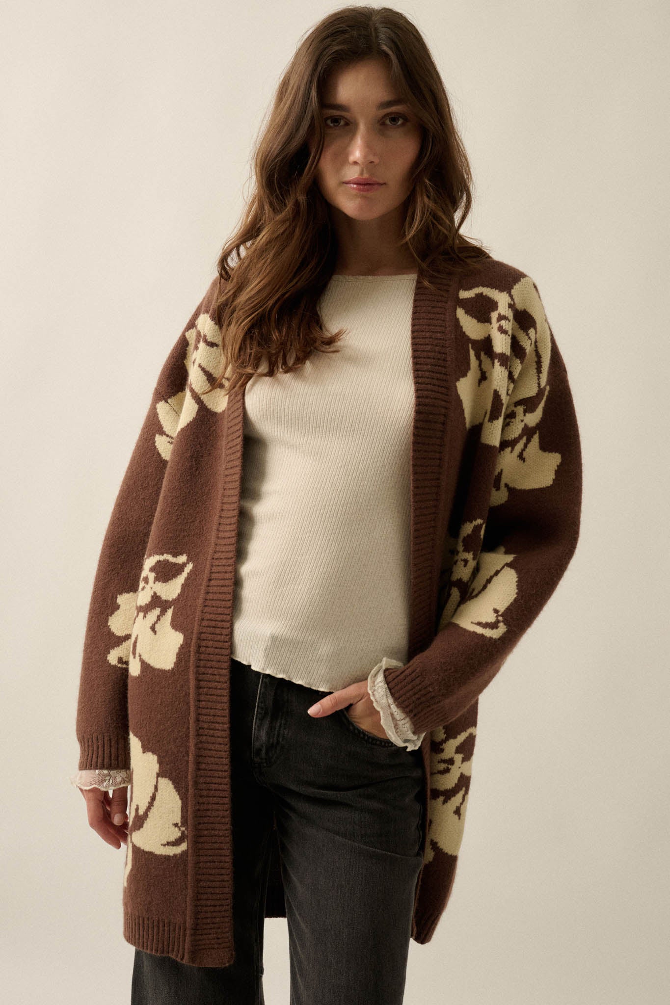 Comfy Blooms Floral Jacquard-Knit Open-Front Cardigan - ShopPromesa