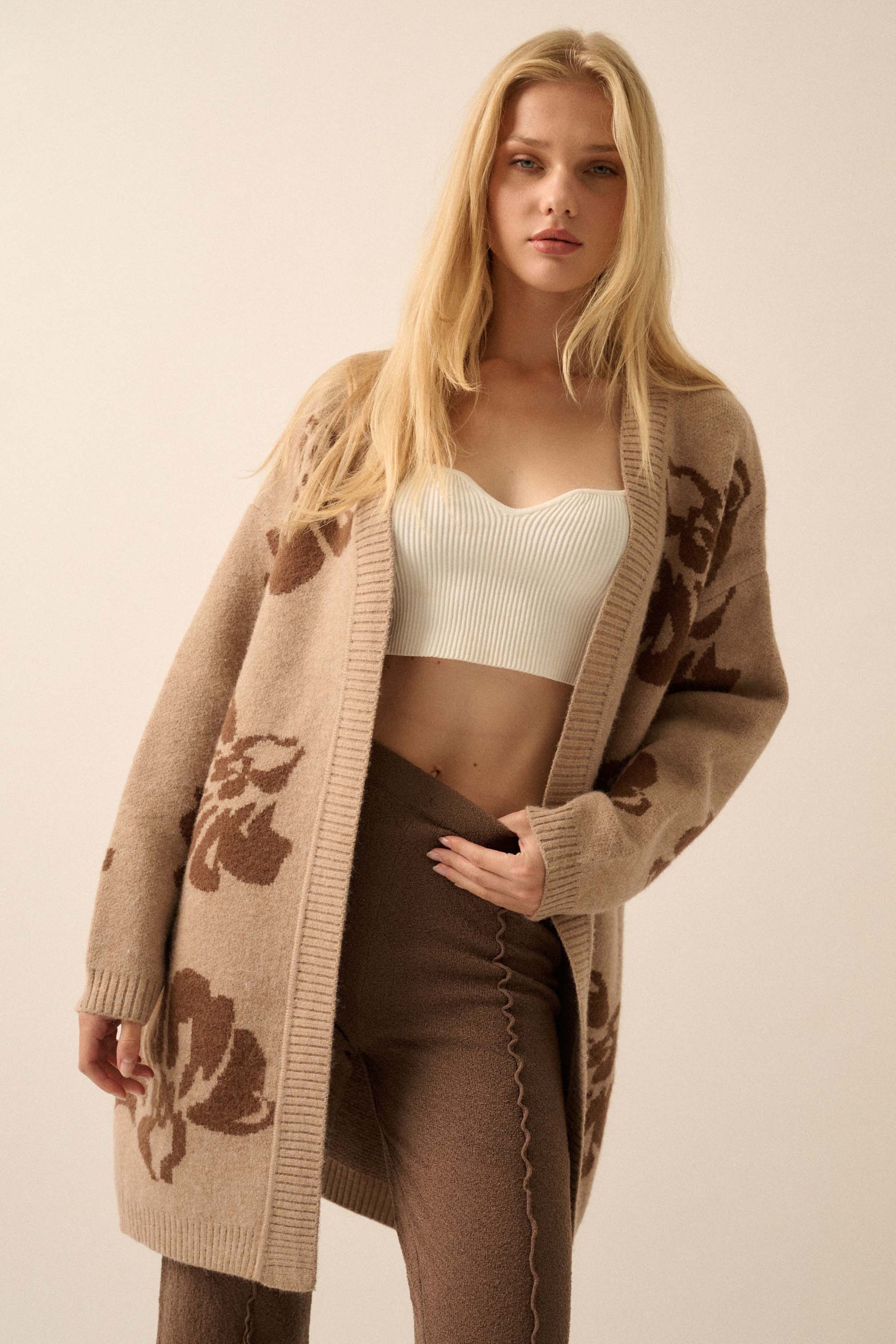 Cozy Blooms Open-Front Floral Jacquard Cardigan - ShopPromesa