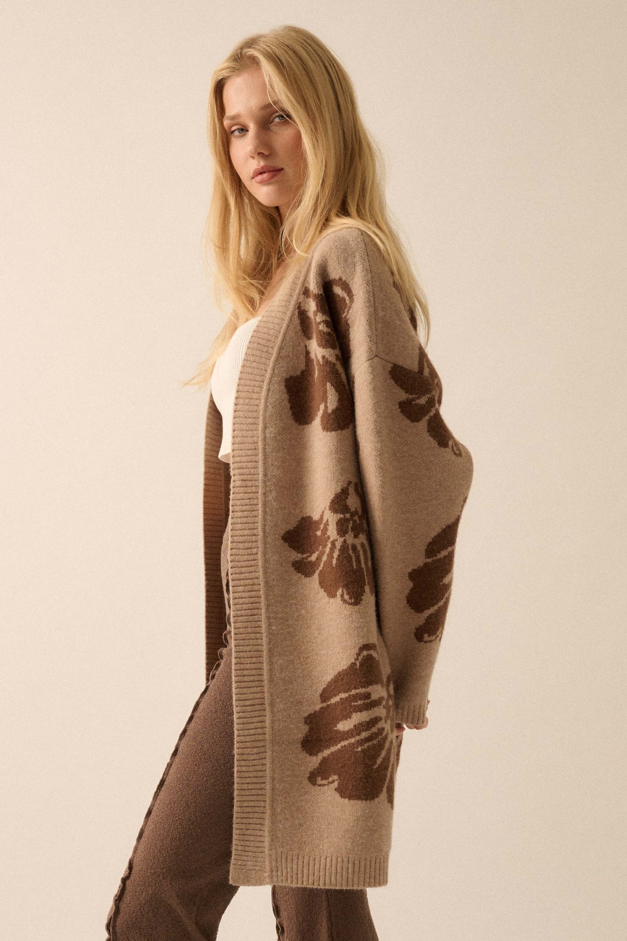 Comfy Blooms Floral Jacquard-Knit Open-Front Cardigan