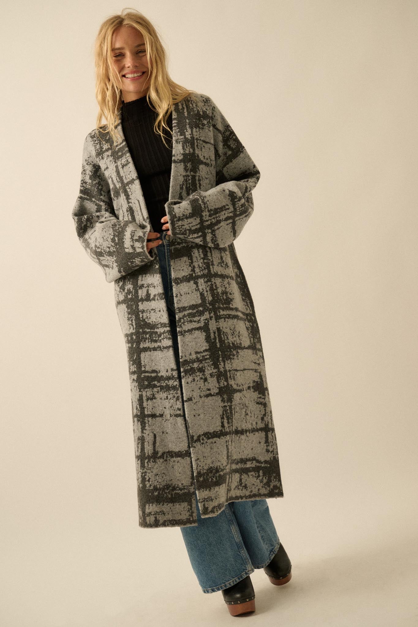 Square One Plaid Jacquard-Knit Duster Cardigan - ShopPromesa