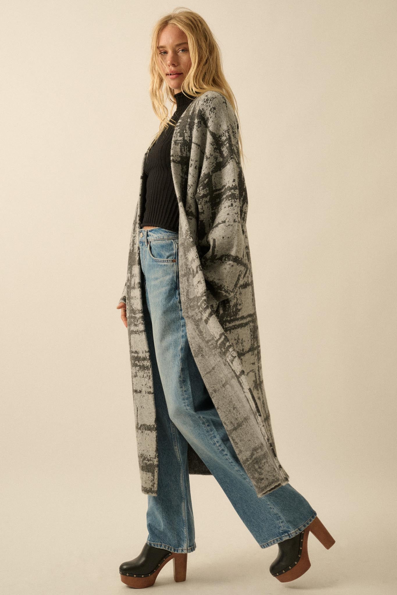 Square One Plaid Jacquard-Knit Duster Cardigan - ShopPromesa