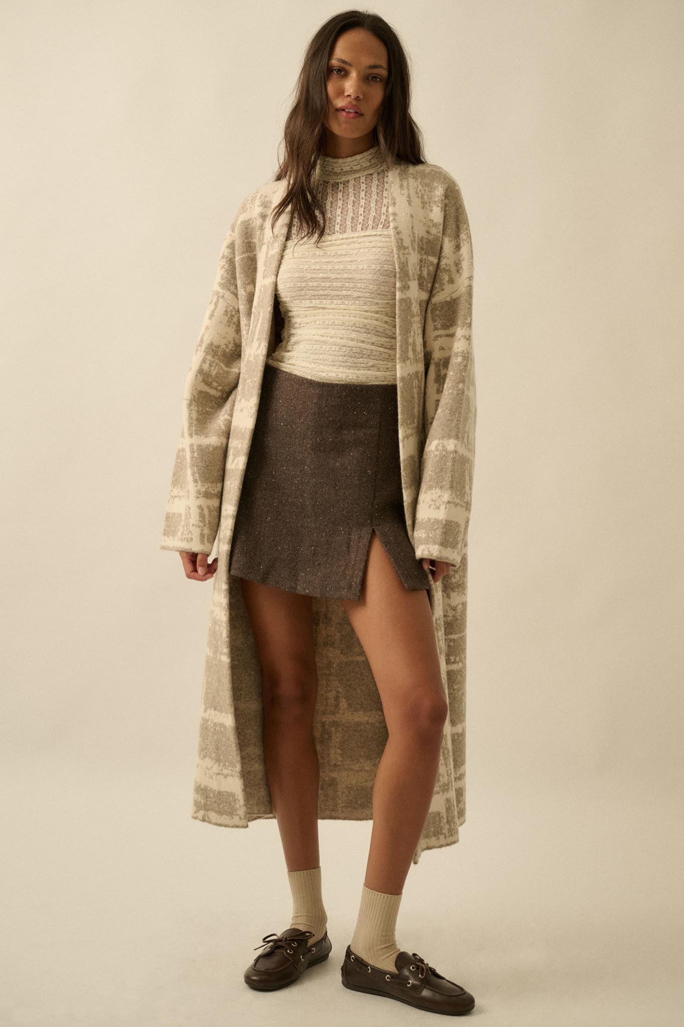 Square One Plaid Jacquard-Knit Duster Cardigan - ShopPromesa