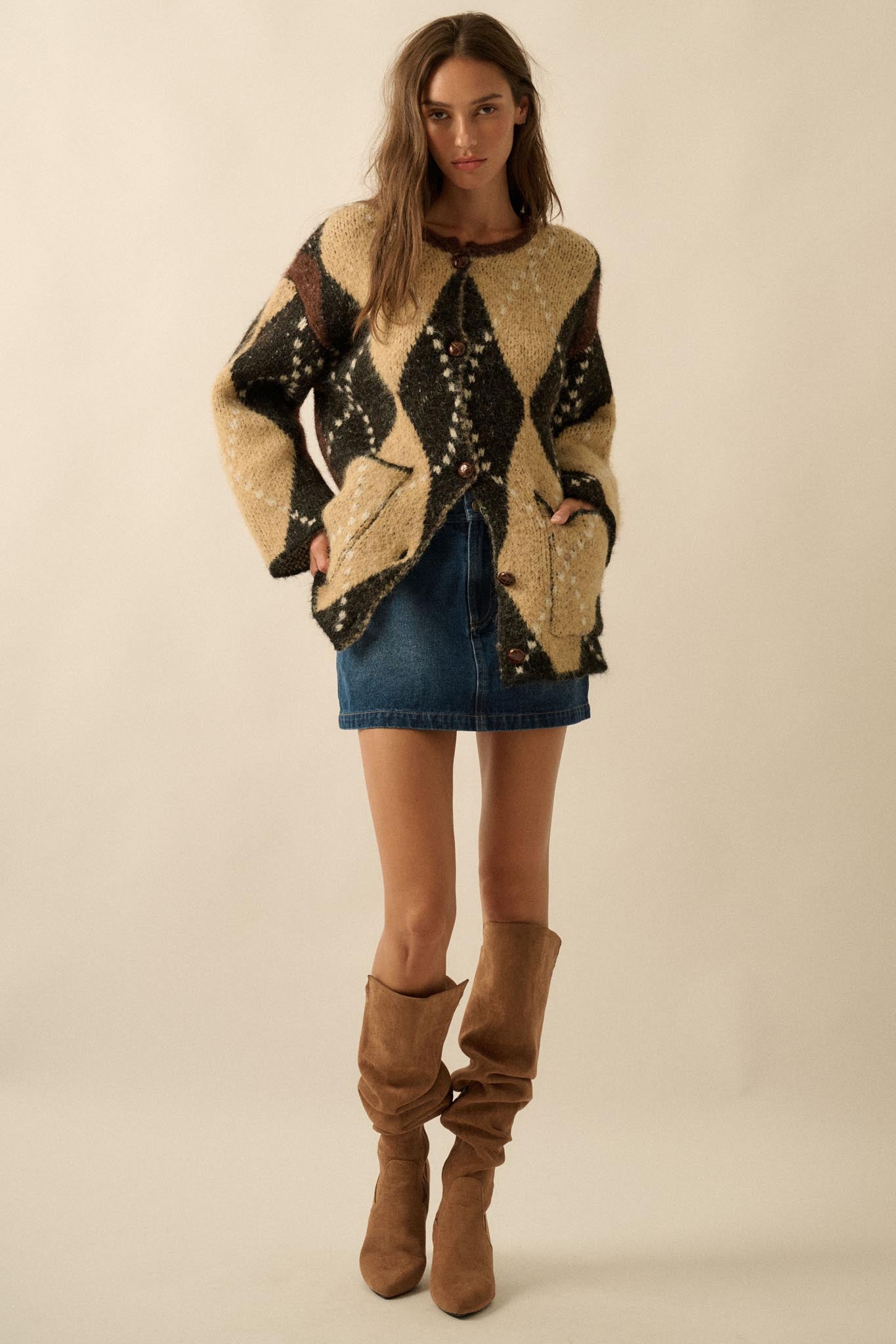 Cross Country Fuzzy-Knit Argyle Pocket Cardigan - ShopPromesa