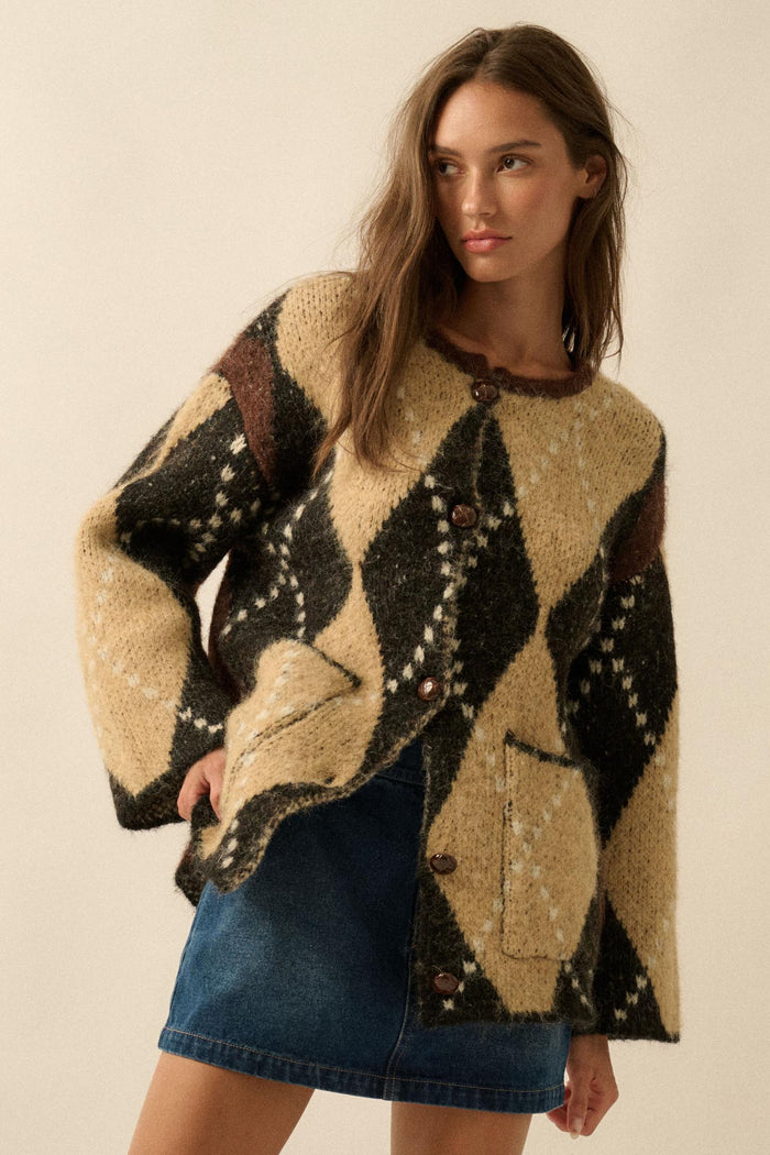 Cross Country Fuzzy-Knit Argyle Pocket Cardigan - ShopPromesa
