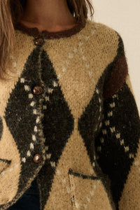 Cross Country Fuzzy-Knit Argyle Pocket Cardigan - ShopPromesa