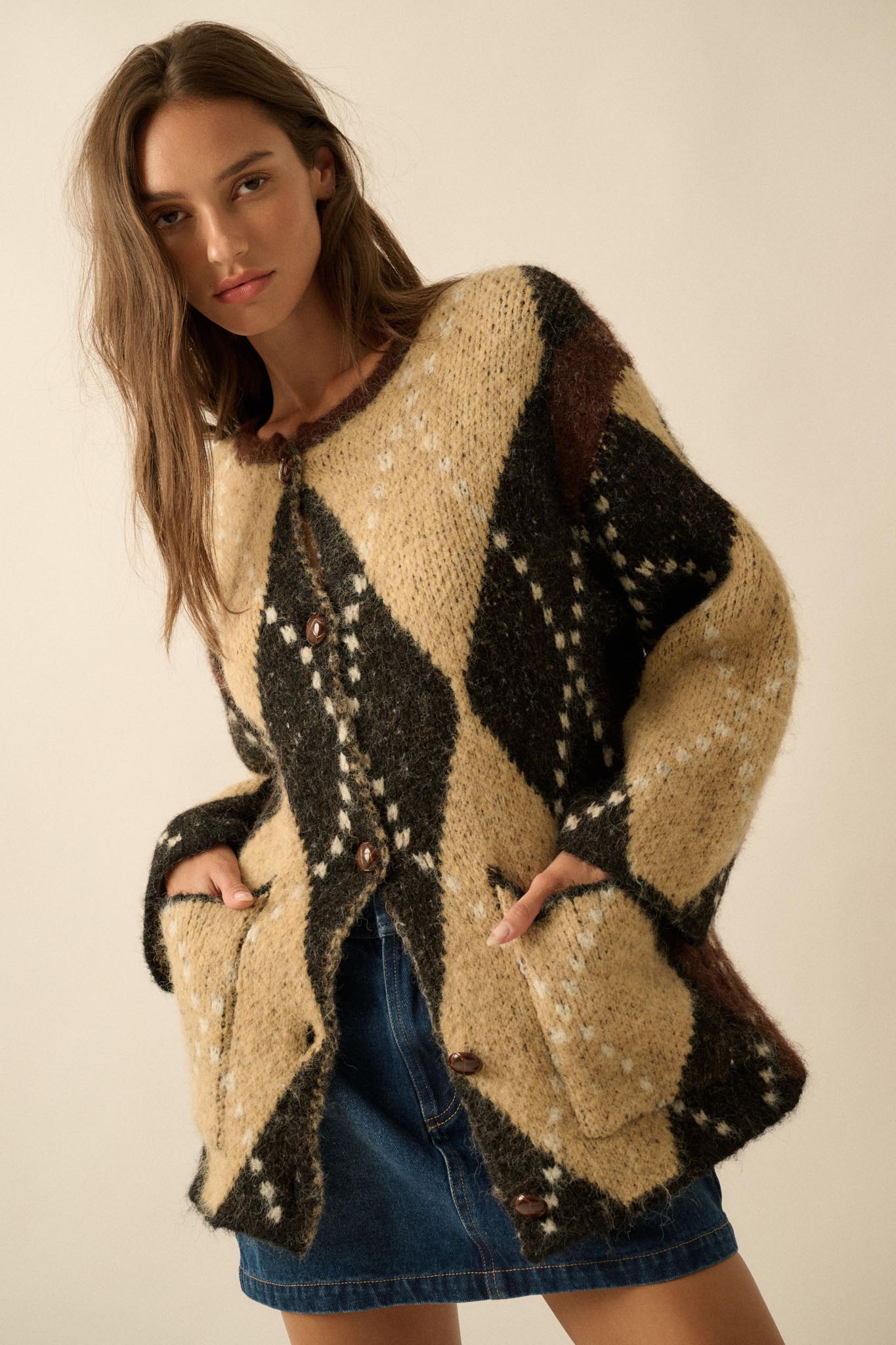 Cross Country Fuzzy-Knit Argyle Pocket Cardigan - ShopPromesa
