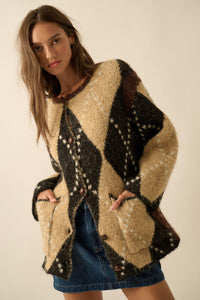 Cross Country Fuzzy-Knit Argyle Pocket Cardigan - ShopPromesa