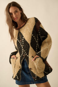 Cross Country Fuzzy-Knit Argyle Pocket Cardigan - ShopPromesa