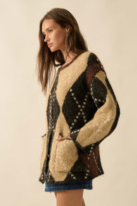 Cross Country Fuzzy-Knit Argyle Pocket Cardigan - ShopPromesa