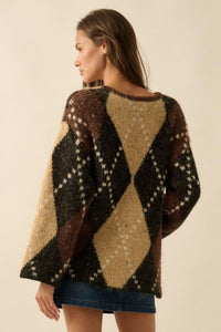 Cross Country Fuzzy-Knit Argyle Pocket Cardigan - ShopPromesa