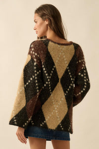 Cross Country Fuzzy-Knit Argyle Pocket Cardigan - ShopPromesa