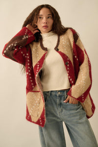 Cross Country Fuzzy-Knit Argyle Pocket Cardigan - ShopPromesa