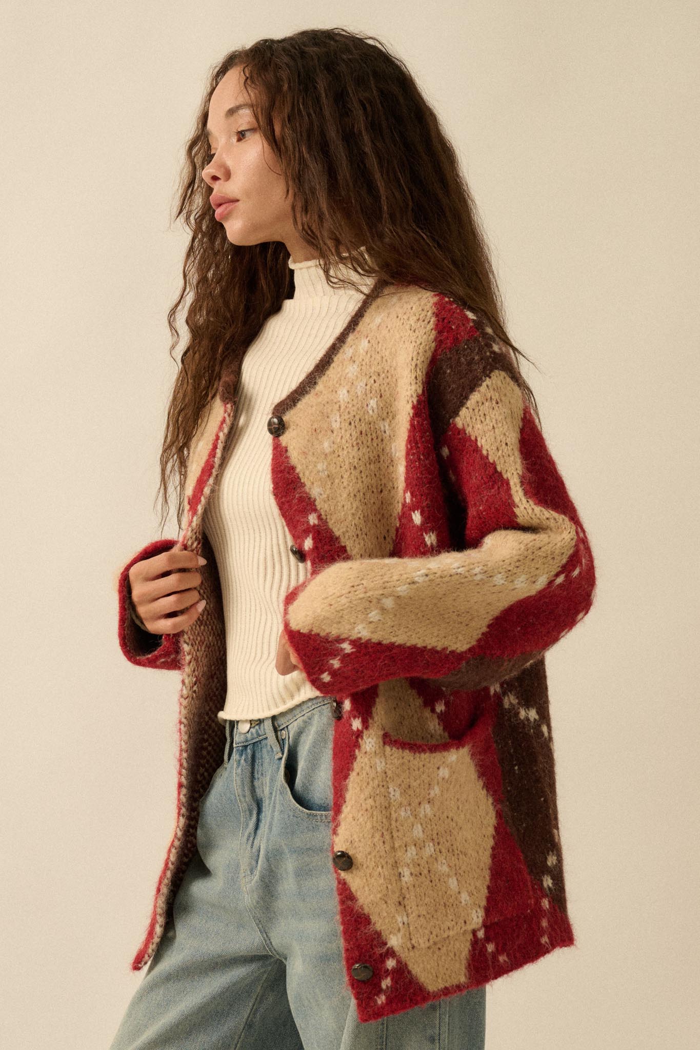 Cross Country Fuzzy-Knit Argyle Pocket Cardigan - ShopPromesa