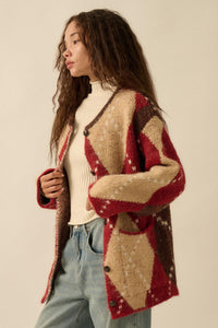 Cross Country Fuzzy-Knit Argyle Pocket Cardigan - ShopPromesa
