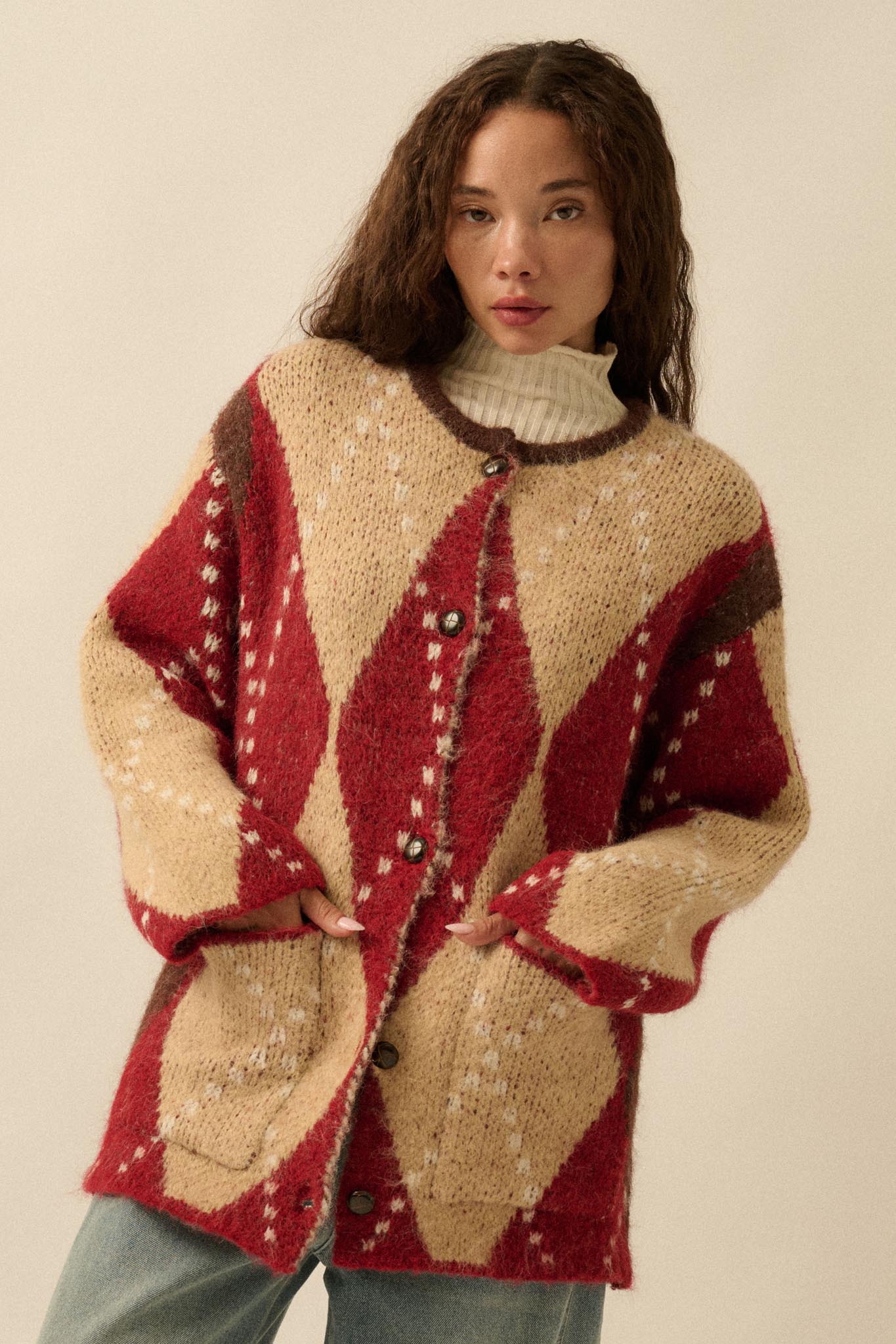 Cross Country Fuzzy-Knit Argyle Pocket Cardigan - ShopPromesa
