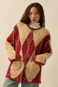 Cross Country Fuzzy-Knit Argyle Pocket Cardigan - ShopPromesa