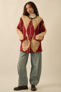 Cross Country Fuzzy-Knit Argyle Pocket Cardigan - ShopPromesa