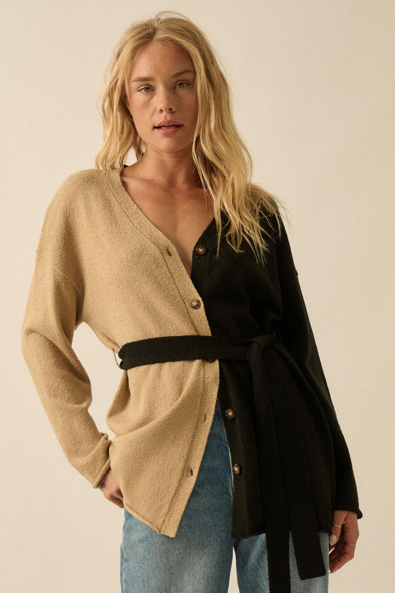 Promise the Label Colorblock Belted Cardigan - ShopPromesa