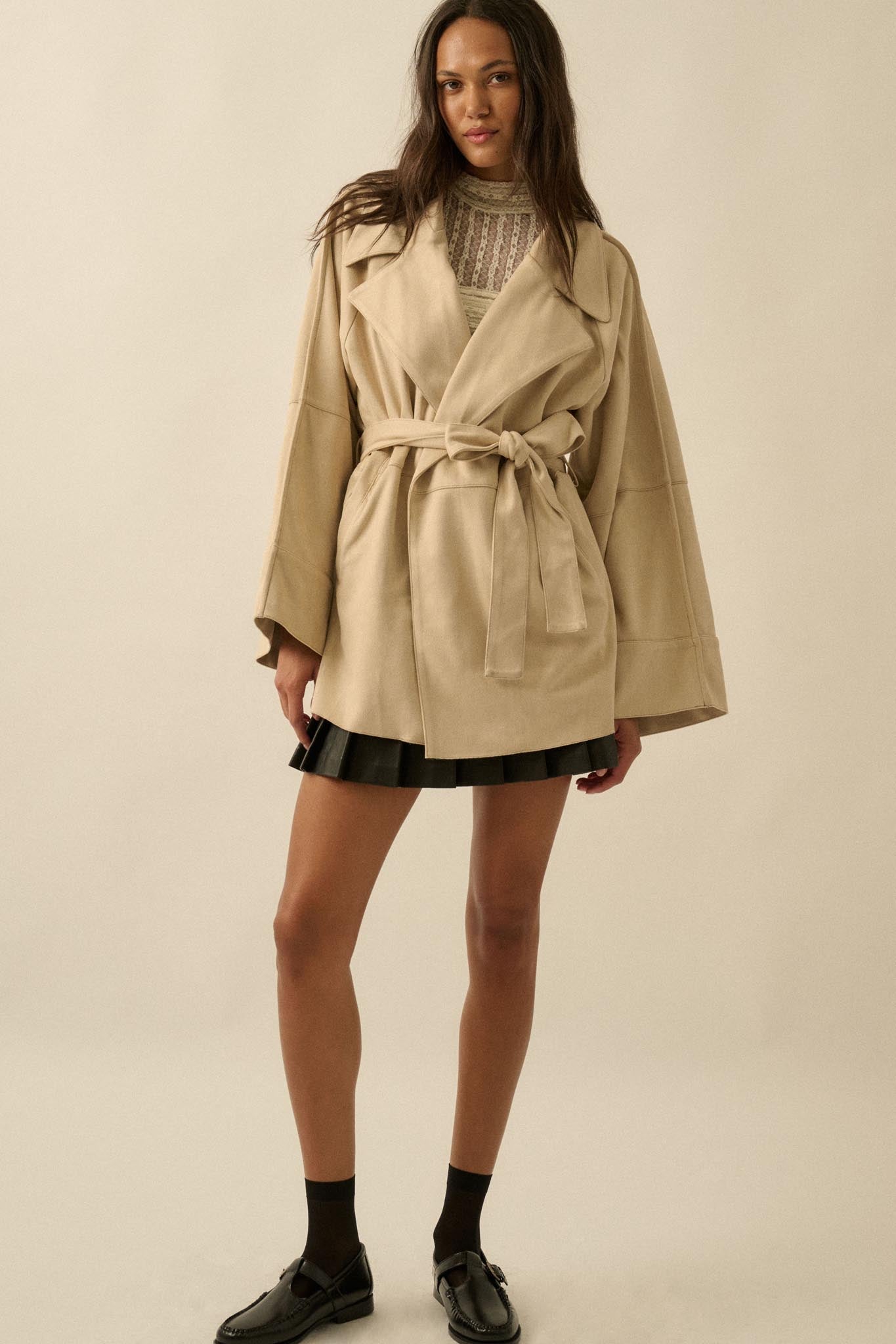 City Life Vegan Suede Belted Cropped Trench Coat - ShopPromesa