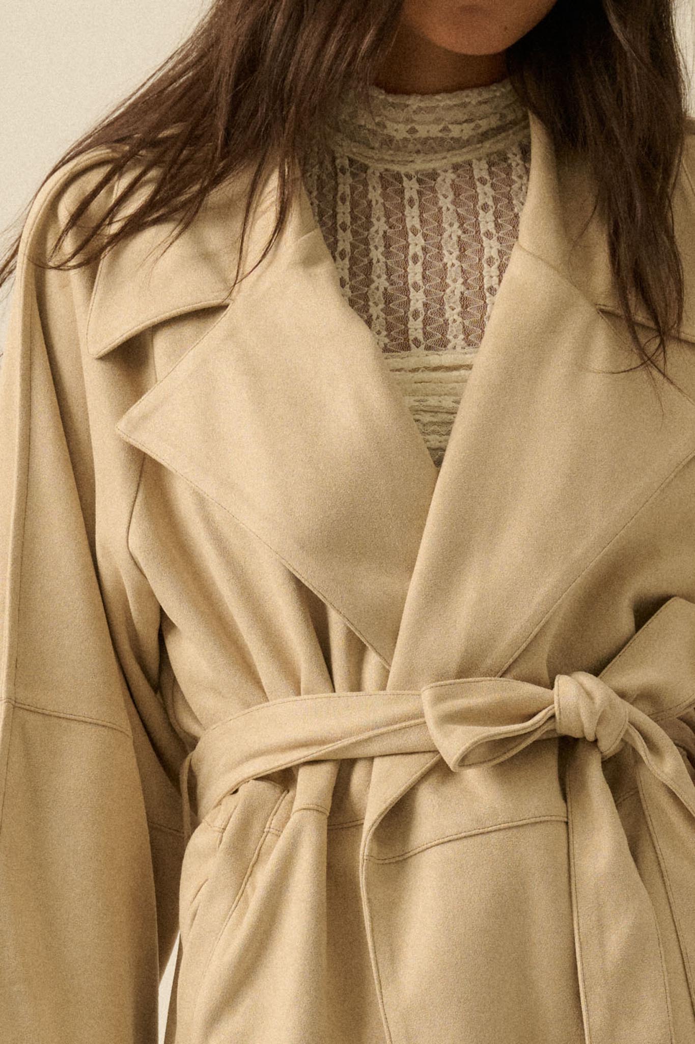 City Life Vegan Suede Belted Cropped Trench Coat - ShopPromesa