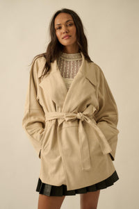 City Life Vegan Suede Belted Cropped Trench Coat - ShopPromesa