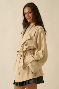 City Life Vegan Suede Belted Cropped Trench Coat - ShopPromesa