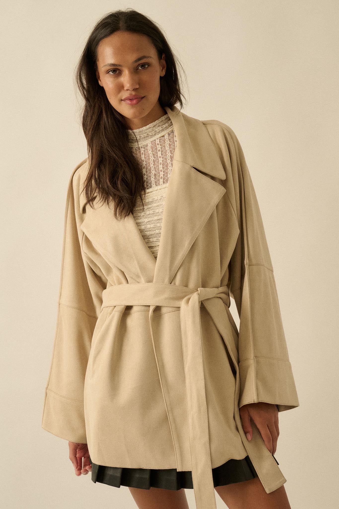City Life Vegan Suede Belted Cropped Trench Coat - ShopPromesa