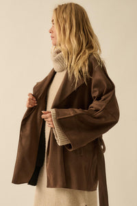 City Life Vegan Suede Belted Cropped Trench Coat - ShopPromesa
