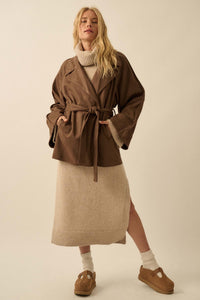 City Life Vegan Suede Belted Cropped Trench Coat - ShopPromesa