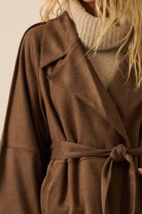 City Life Vegan Suede Belted Cropped Trench Coat - ShopPromesa