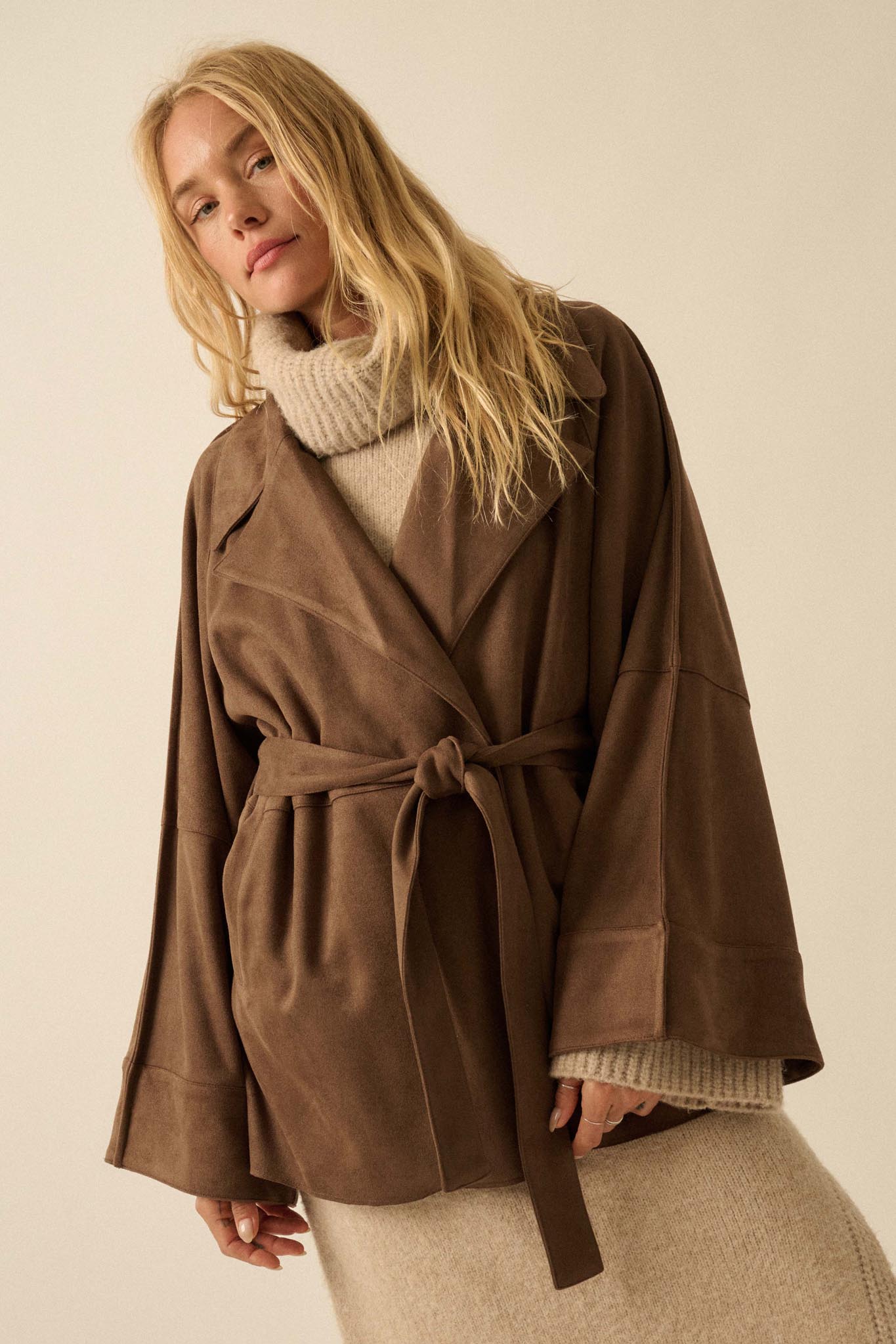 City Life Vegan Suede Belted Cropped Trench Coat - ShopPromesa