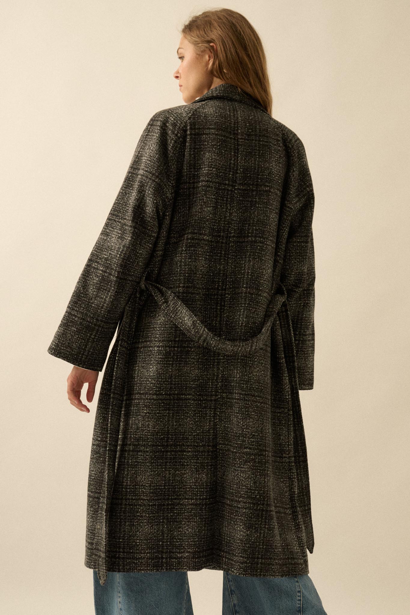 Check Point Plaid Tweed Belted Trench Coat - ShopPromesa