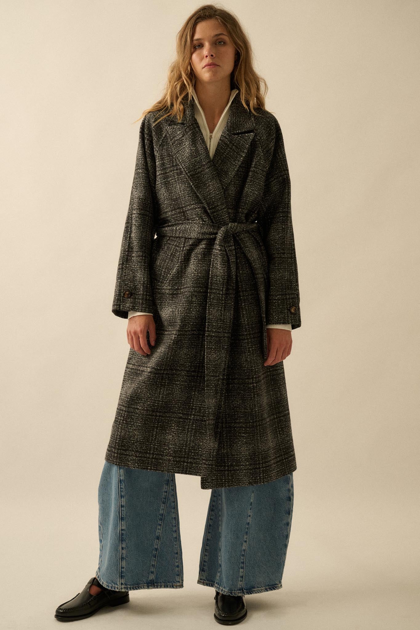 Check Point Plaid Tweed Belted Trench Coat - ShopPromesa
