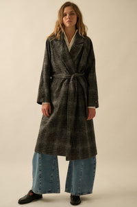 Check Point Plaid Tweed Belted Trench Coat - ShopPromesa
