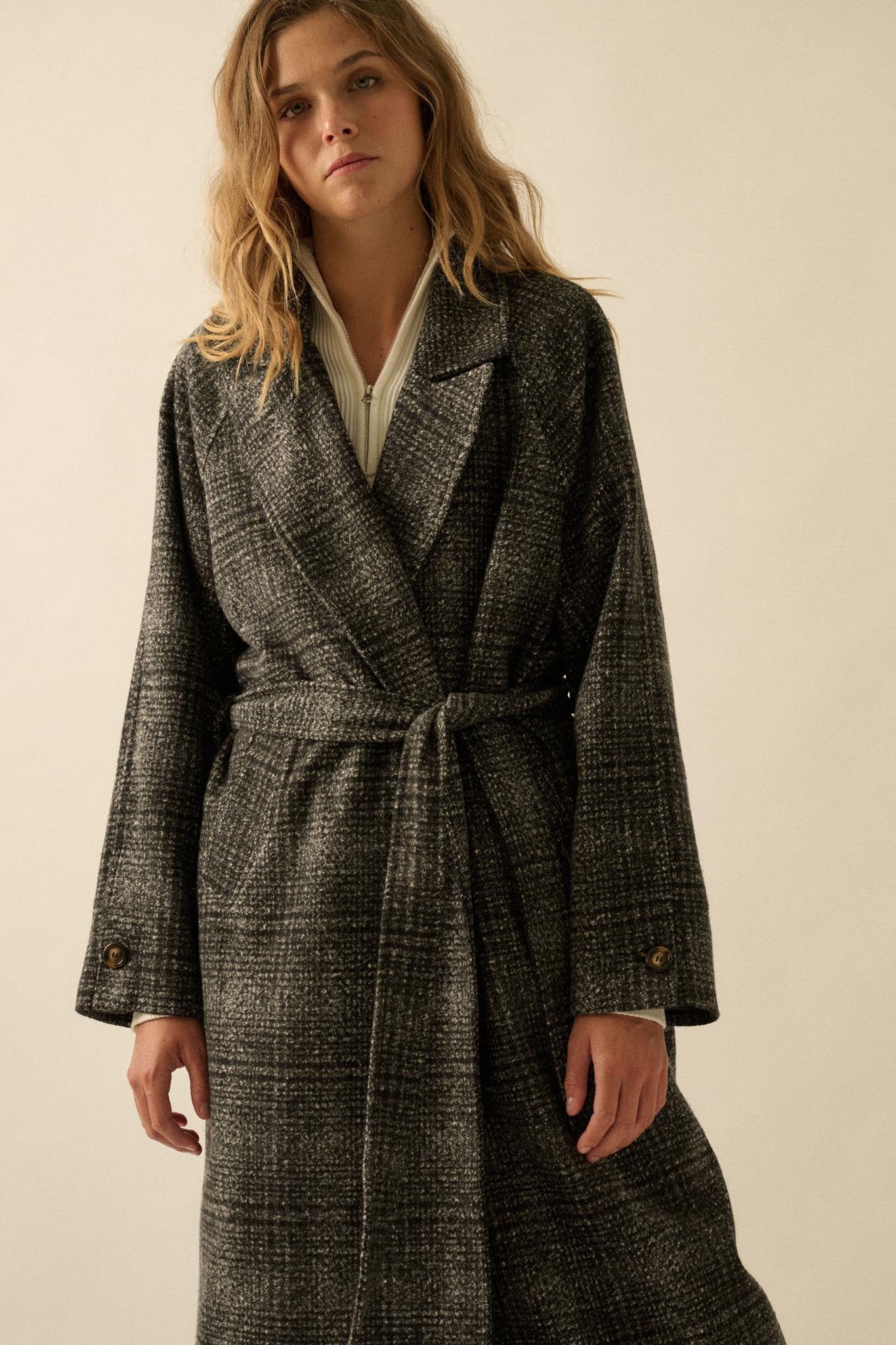 Check Point Plaid Tweed Belted Trench Coat - ShopPromesa