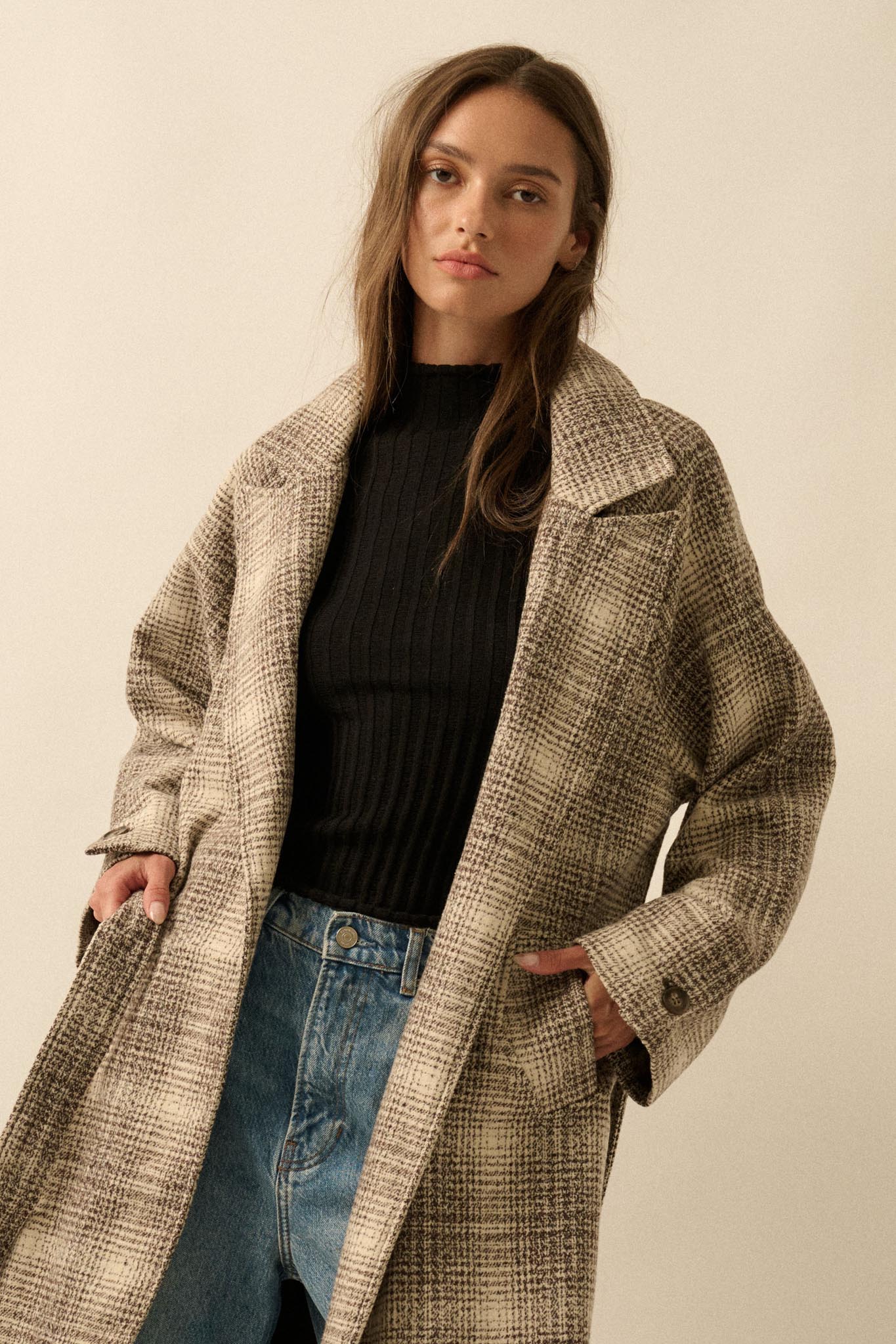 Check Point Plaid Tweed Belted Trench Coat - ShopPromesa