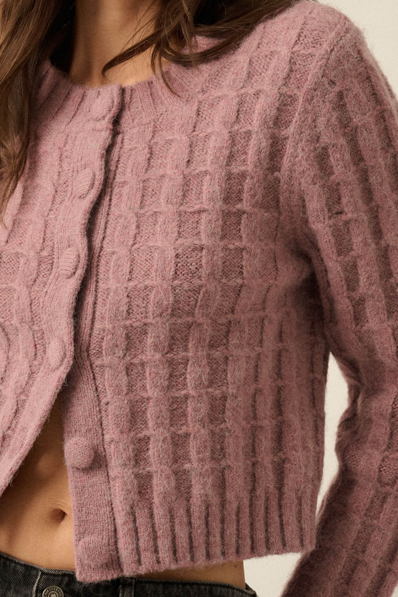 Quiet Calm Cable Knit Button-Up Cropped Cardigan - ShopPromesa