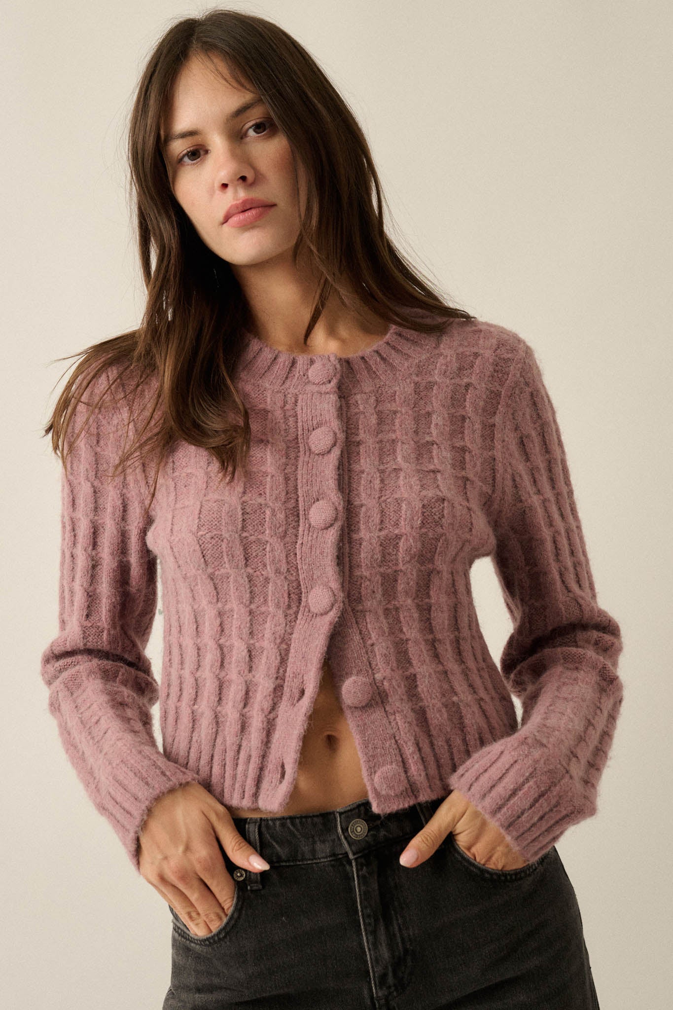 Quiet Calm Cable Knit Button-Up Cropped Cardigan - ShopPromesa