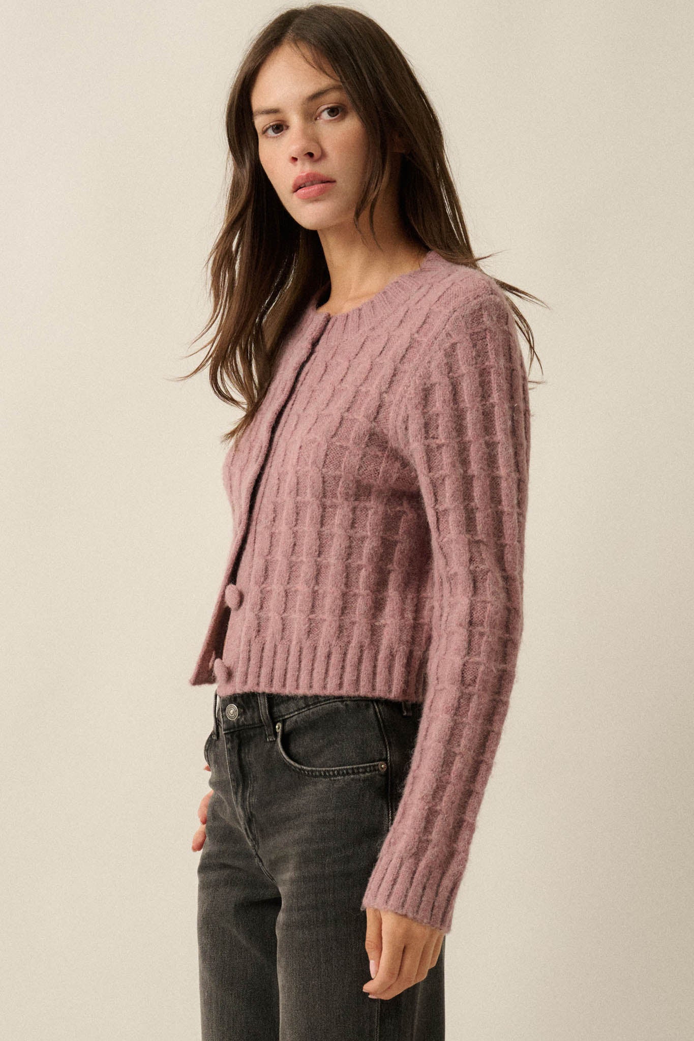 Quiet Calm Cable Knit Button-Up Cropped Cardigan - ShopPromesa