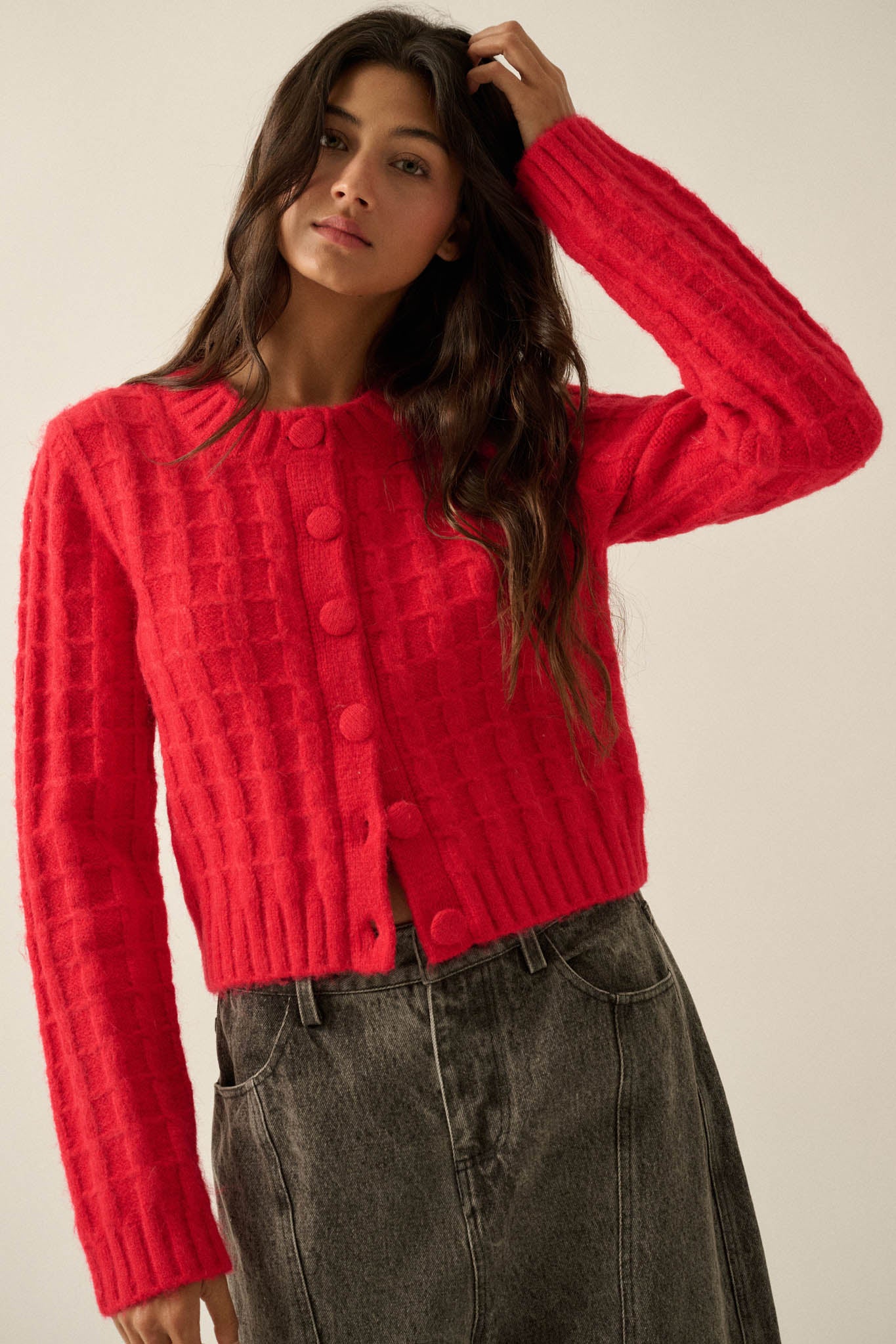 Quiet Calm Cable Knit Button-Up Cropped Cardigan - ShopPromesa