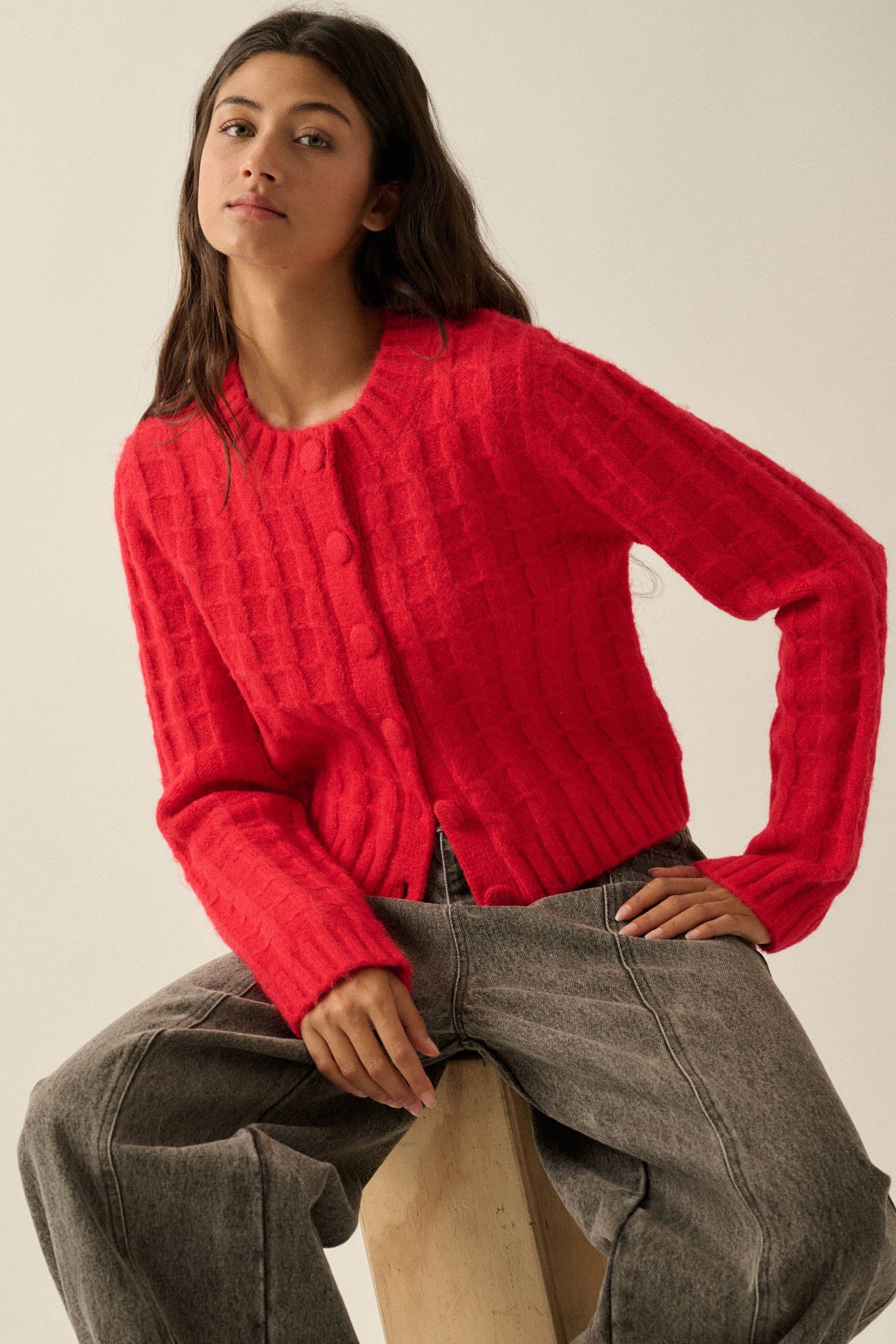 Quiet Calm Cable Knit Button-Up Cropped Cardigan - ShopPromesa