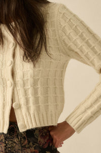 Quiet Calm Cable Knit Button-Up Cropped Cardigan - ShopPromesa