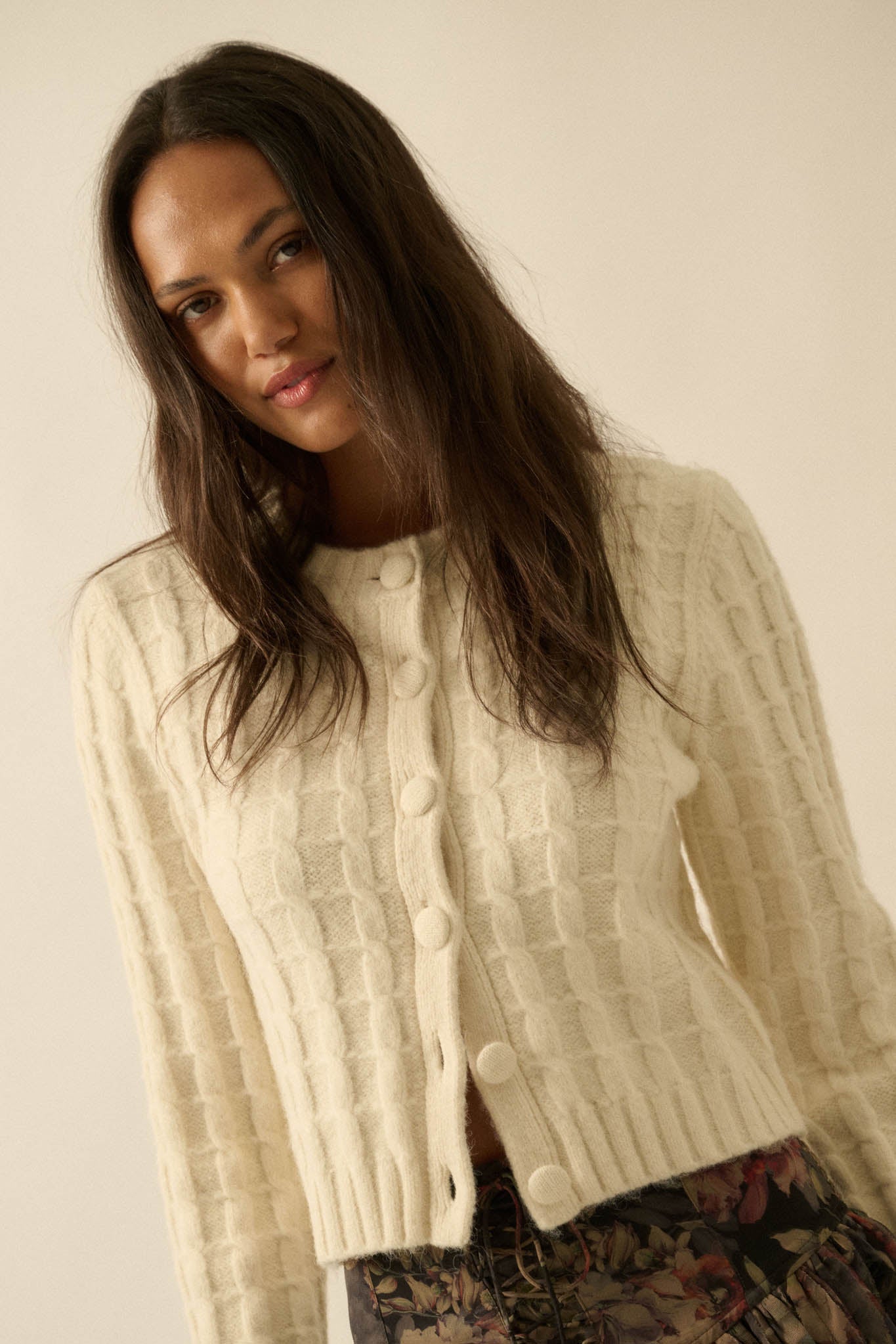 Quiet Calm Cable Knit Button-Up Cropped Cardigan - ShopPromesa